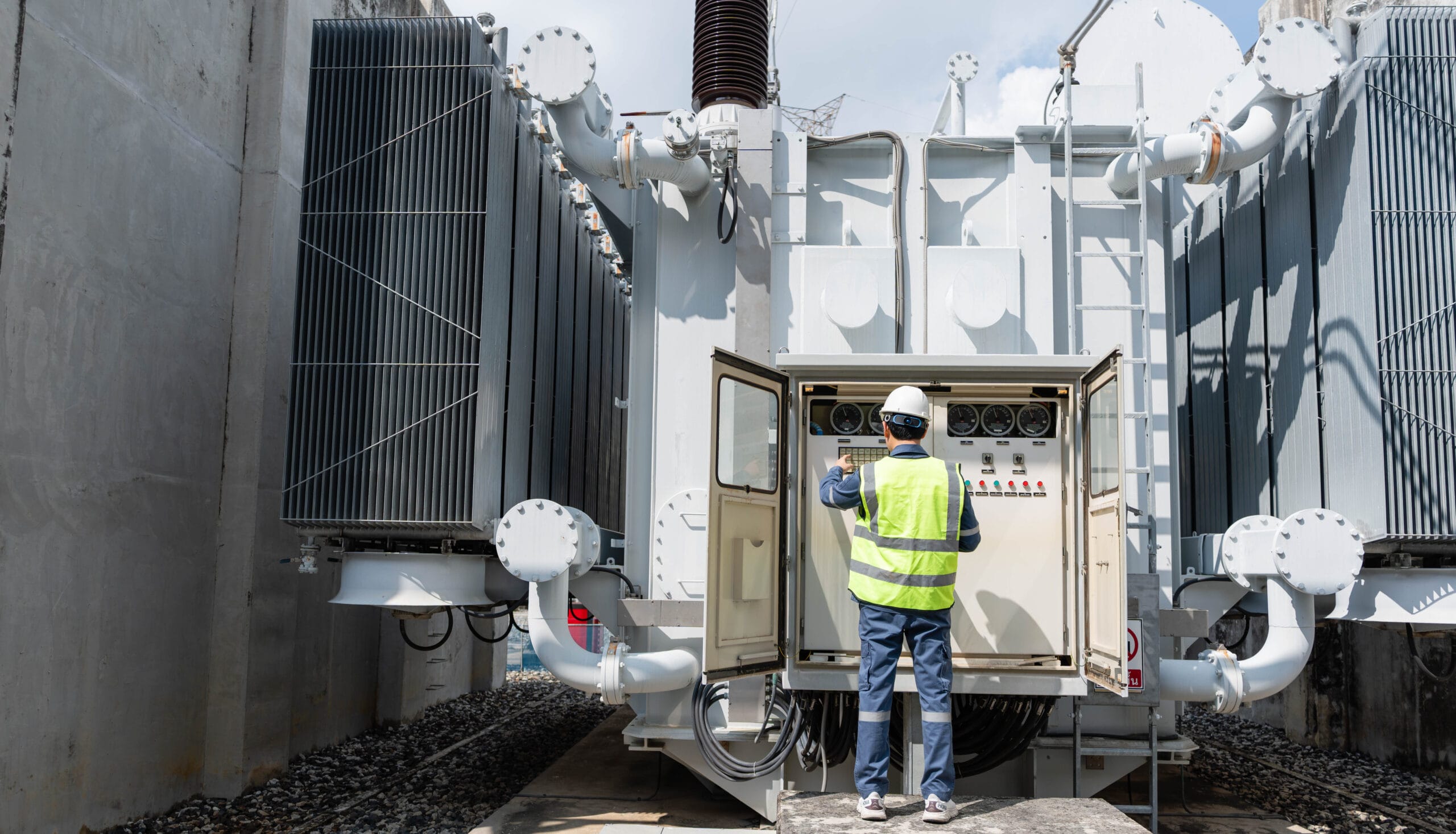 Professional engineer inspecting control panel and monitoring gauges of power transformer at high voltage substation to ensure industrial energy infrastructure and grid safety. Plumbers Winnipeg